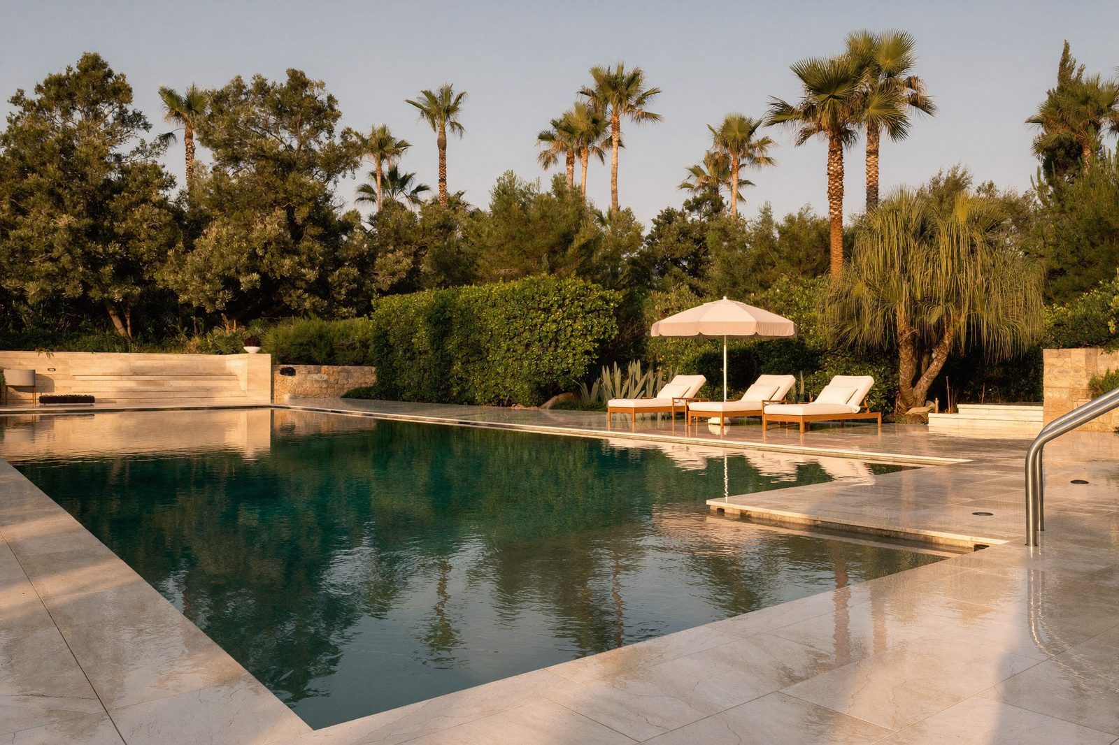 Sealed travertine pool deck at golden hour