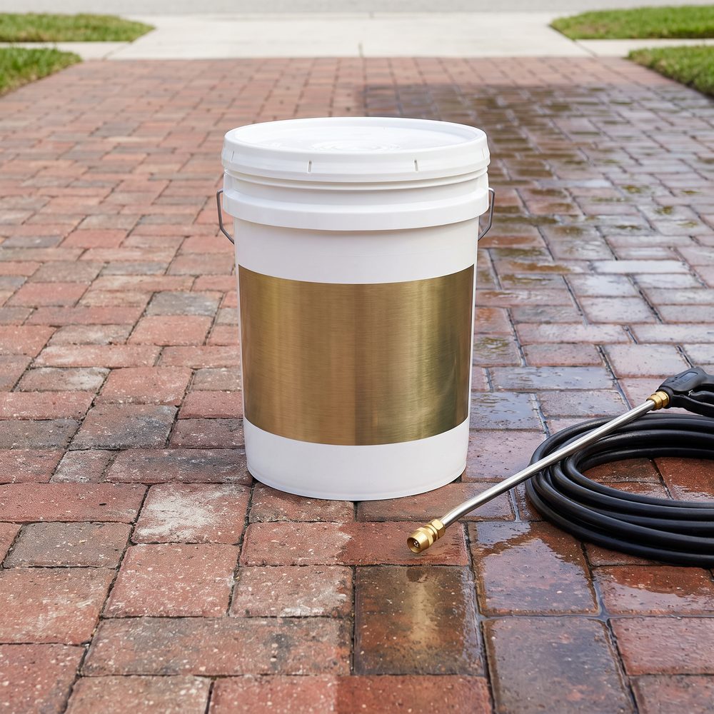 Sealer pail on half-sealed pavers